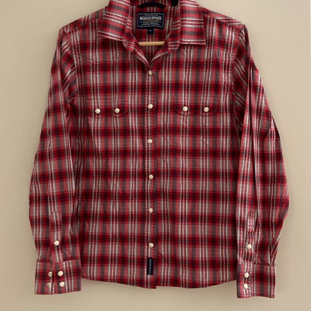 Red Plaid Rough Stock Western Shirt with Pearl Snap Buttons